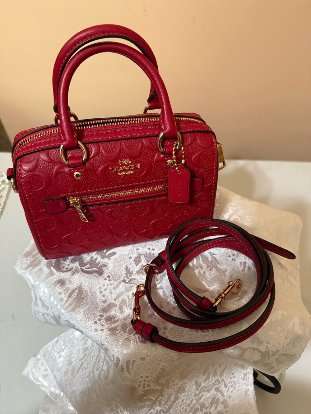 Coach Red Signature Embossed Mini Satchel with Gold Hardware